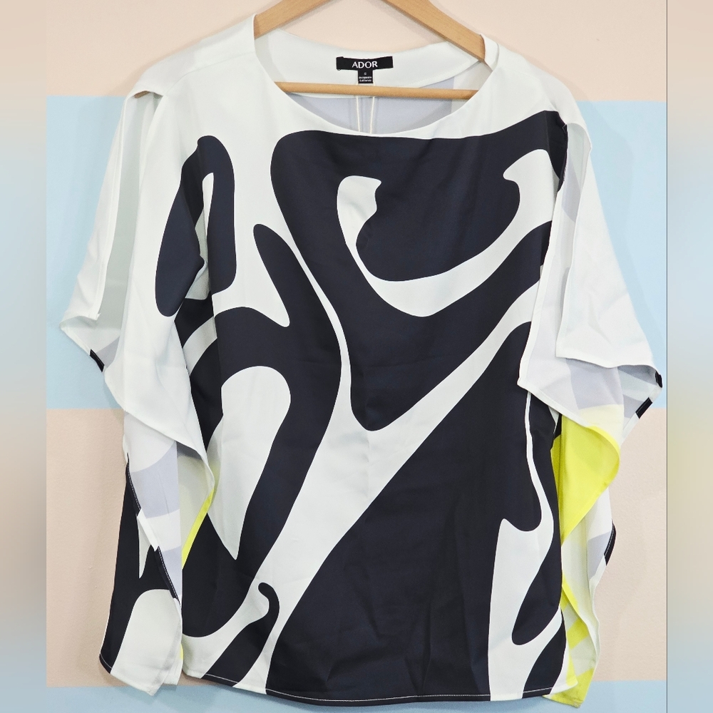 Ador Satin Silk Shirt Magyar Sleeve Flowy Graphic Blouse - Picture 4 of 10